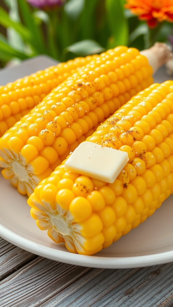 Freshly cooked corn on the cob with butter and seasoning on a rustic table.